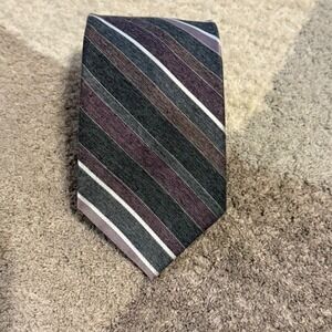 Peebles Collection Mens Striped Silk Blend Necktie Grey Purple White Made in USA